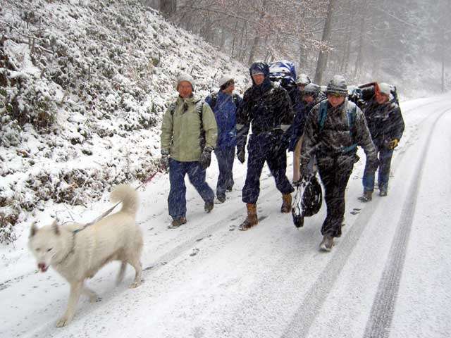 Pochod ve sněhové vánici.